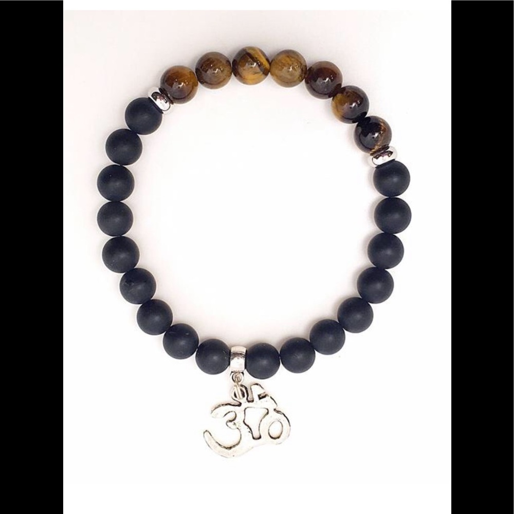 Tigers Eye Matte Onyx Silver Om & Accents Stretchy